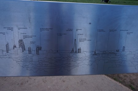 Détail de la vue depuis Parliament Hill : notamment la gherkin, le talkie walkie, St Paul's et la Shard